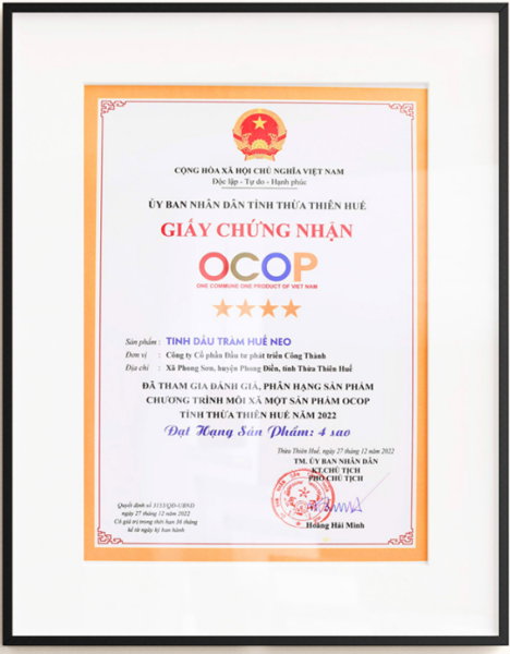 Giấy chứng nhận OCOP 4 sao sản phẩm Tinh dầu Tràm Huế NEO
