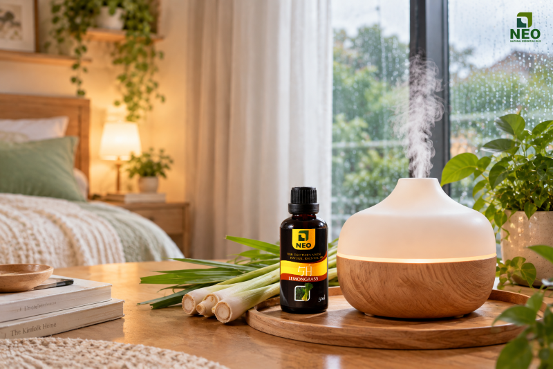 Sử dụng tinh dầu sả và máy xông tinh dầu kết hợp các biện pháp hút ẩm nhằm hạn chế mùi ẩm mốc