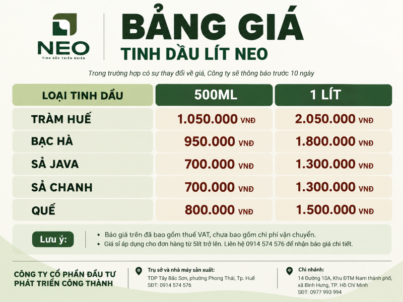 Bảng giá tinh dầu dạng lít (giá lẻ)