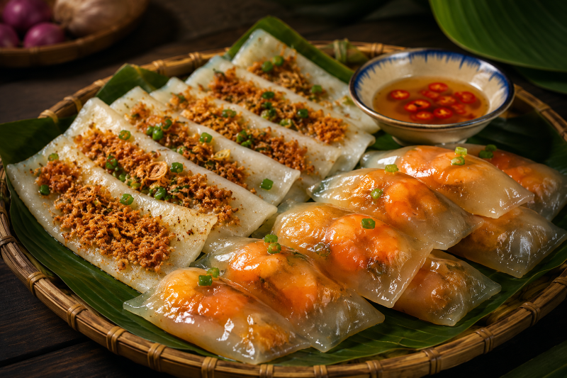 Mâm bánh lọc và bánh nậm Huế truyền thống cùng chén nước chấm đậm đà