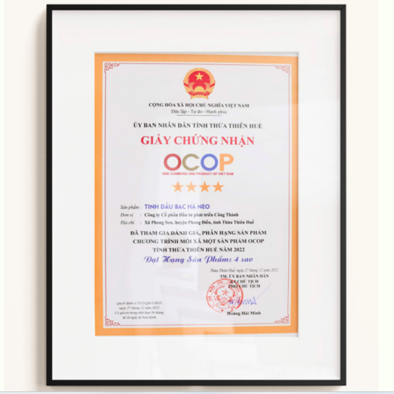 Chứng nhận OCOP 4 sao sản phẩm Tinh dầu Bạc hà